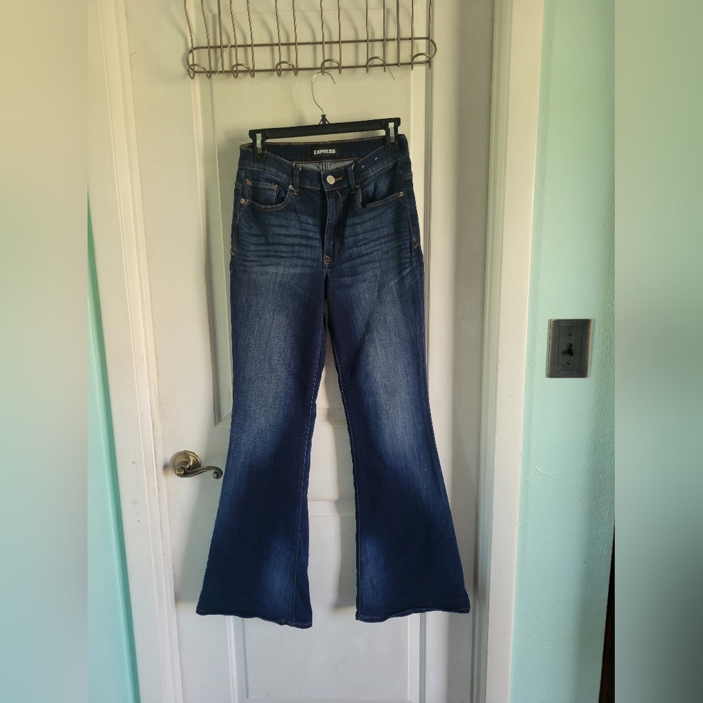 Express Women's Dark Blue Flared Wide Leg Jeans